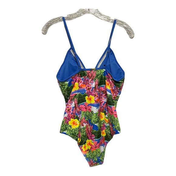 Nicole Miller SZ 10 Plunging Neckline Bathing Suit in Blue Floral NEW WI… - Picture 3 of 7